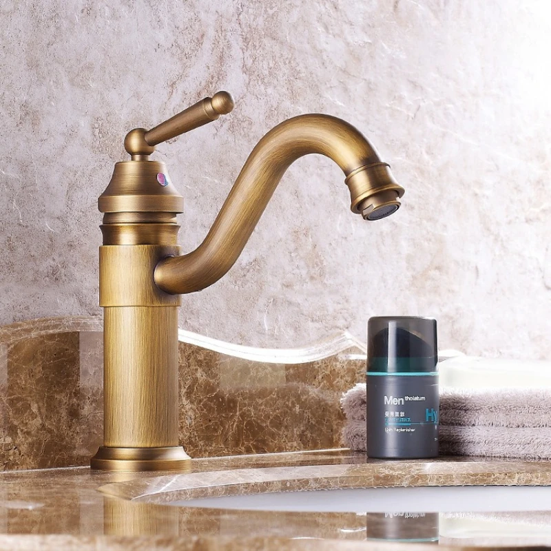 

Смеситель для раковины из латуни в античном европейском стиле, для горячей и холодной воды, для ванной комнаты, настольный, с одним отверстием, винтажный смеситель для раковины.