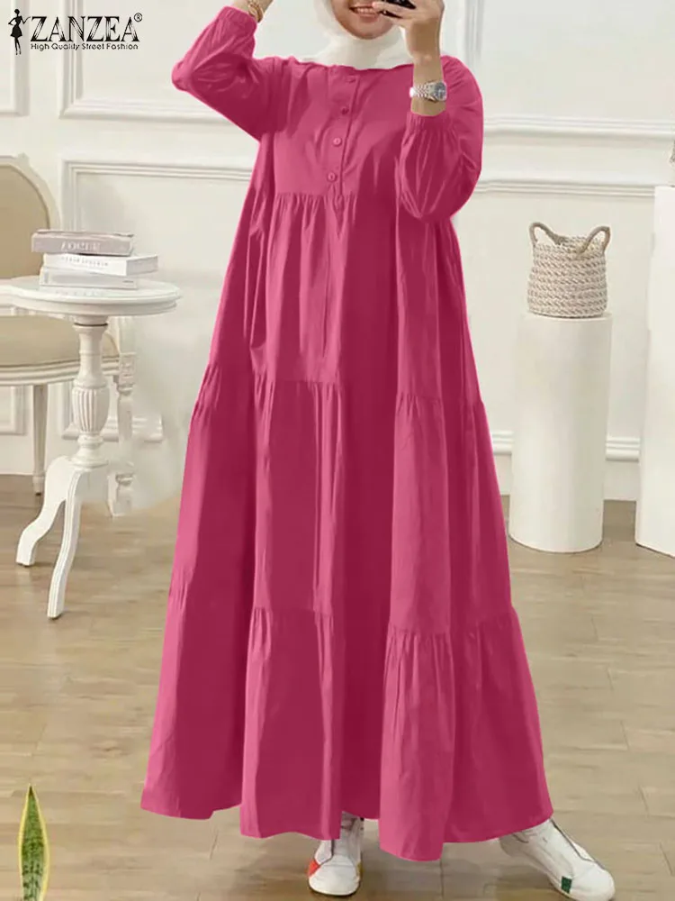 ZANZEA-muçulmano Abaya vestido de manga comprida para mulheres, babados sólidos, vestido kaftan, roupa islâmica, vestimenta Eid Mubarak, vestido da