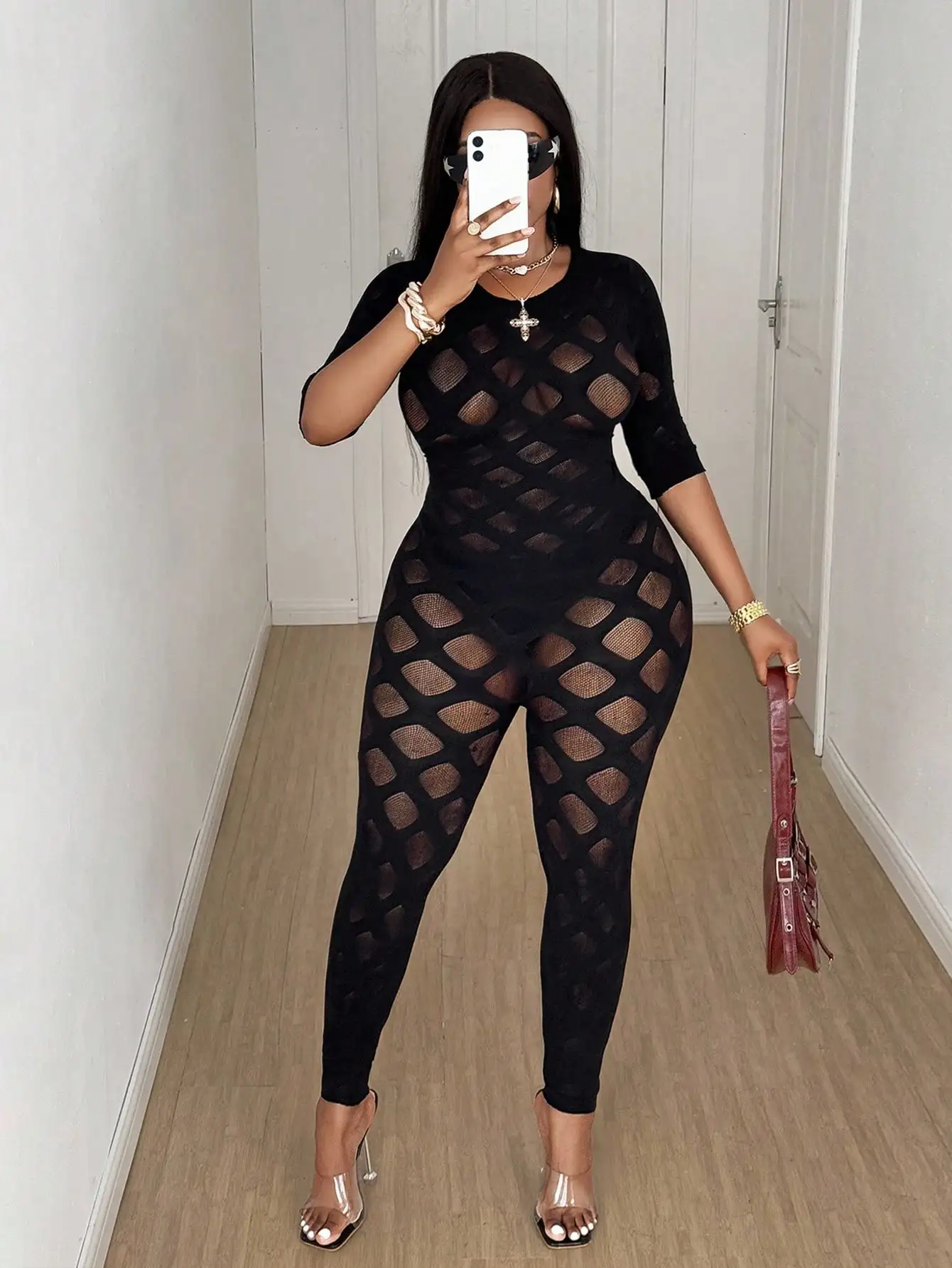 Women's Plus Size Sexy Jumpsuit See Through Sheer Mesh Bodycon High Waist Stretchy Web Pattern Slim Fit Jumpsuit for Club Party view 3
