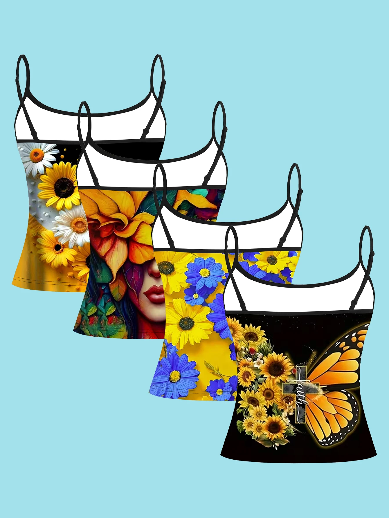 4-Piece Set of Sunflower and Butterfly Floral Print Camisoles, Oil Painting Style Sunflower Floral Design, Women's Slim-Fit Spaghetti Strap Sleeveless Tops for Outerwear or Layering