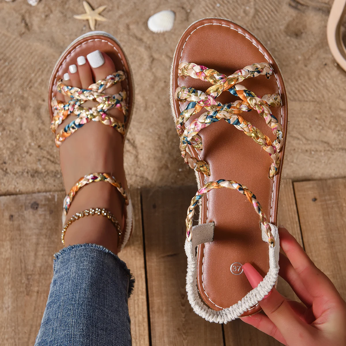 European and American Style Flat Sandals for Women Summer Outer Wear Strappy Roman Shoes Soft Sole Non-Slip Wear-Resistant Breathable Casual Walking Shoes