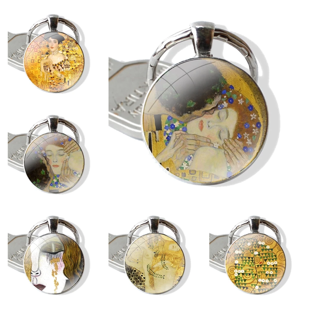 The Kiss by Gustav Klimt Keychain Glass Cabochon Metal Pendant Classic Men's Women's Keyring