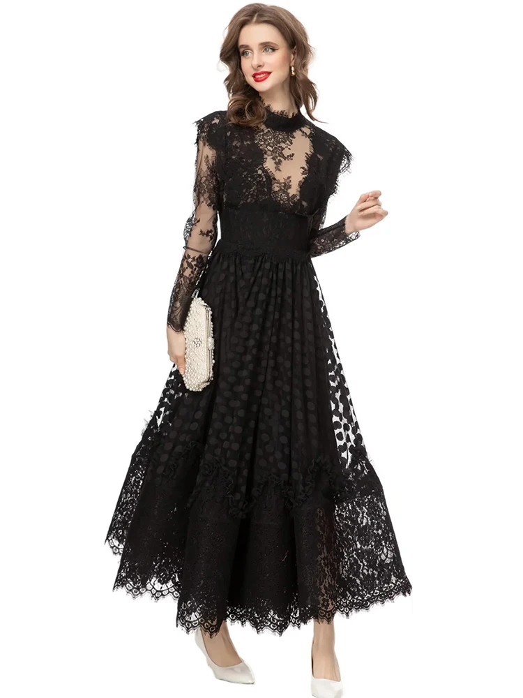 DLDENGHAN Spring Lace Dress Women Square Collar Long Sleeve Mesh Patchwork  Black Vintage Party Dresses Fashion Designer New - AliExpress 200000345
