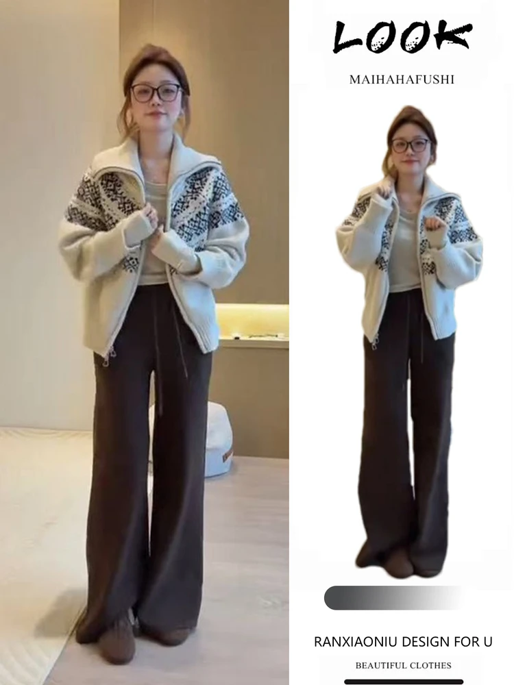 

Women's Winter Faion Set Wide Leg Pants Zipper Collar Sweater Coat Two Piece Set Casual Sle Long Sve Cardigan