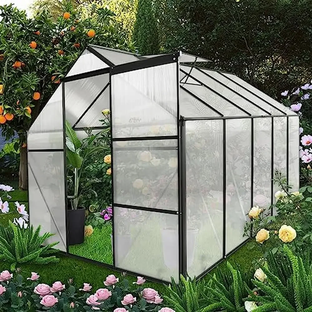 6x10 FT Heavy Duty Polycarbonate Greenhouse Adjustable Roof Walk-in Green House with Raised Base Sliding Door and Window Vents