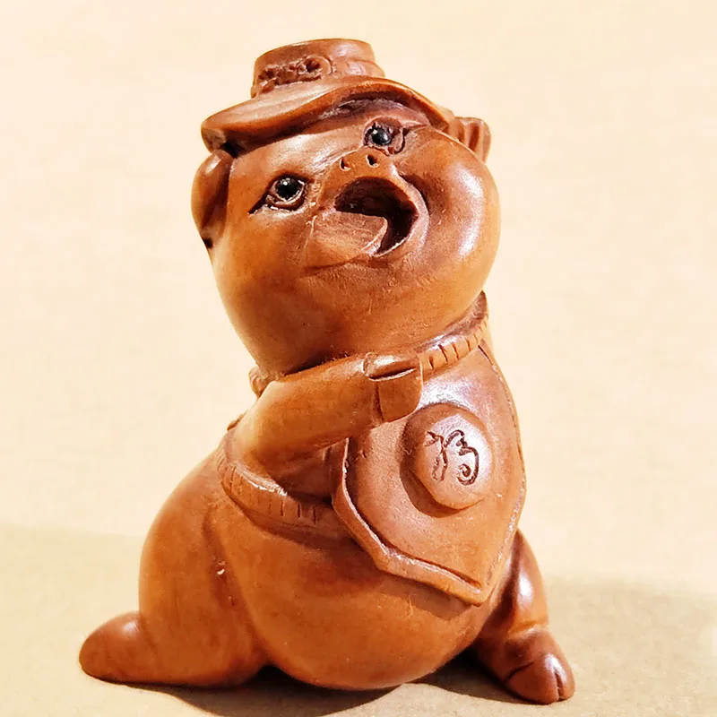 

Q4901 - 2" Hand Carved Boxwood Netsuke - Funny Pig