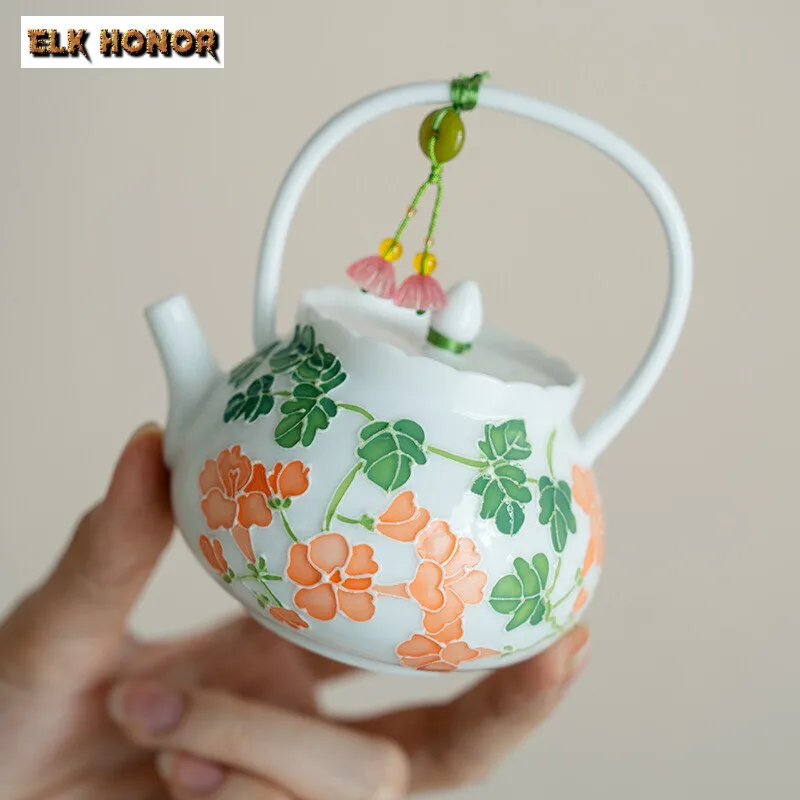 125ml Pure Hand-painted Campanula Teapot Handmade Lifting Beam Pot Tea Soaking Kettle with Infuser Kung Fu Tea Drinkware Craft