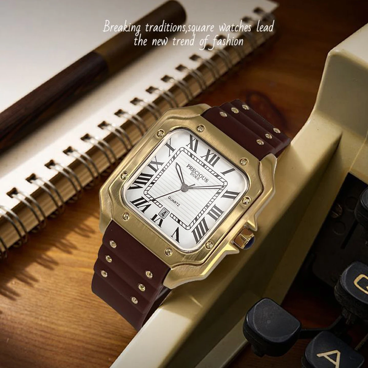 2025 Men's Luxury Square Quartz Watch Stainless Steel Rubber Band Roman Numeral Calendar Watch British Brand Watch