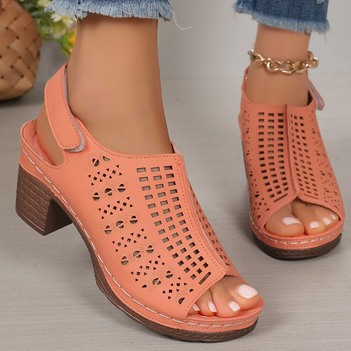 Women\'s Shoes Sandals Nice Summer New Thick Heels High-heeled   Trade Cross-border Casual Comfortable Beach Heels  Women Shoes