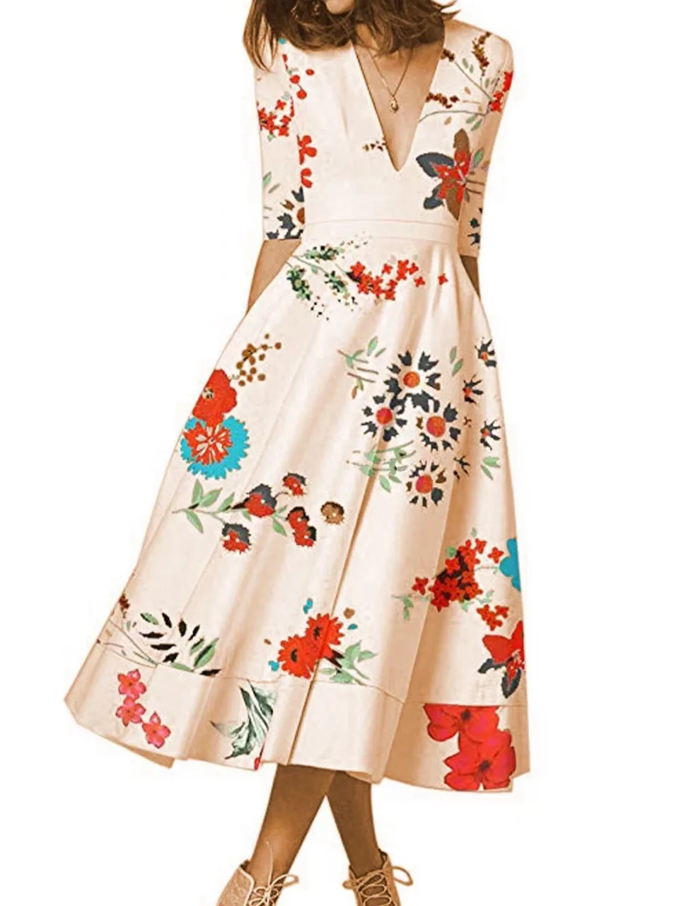 Faionable Sexy Deep V-Ne Print Waist-Cinched Mid-Sve Midi Dr Gown Lightweight Luxury Mid-Length Polyester Fabric