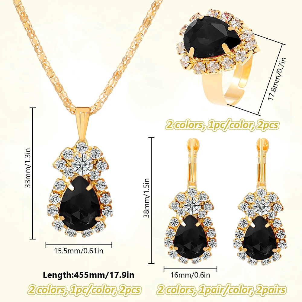 2Pcs Jewelry Sets Teardrop Dangle Earrings Necklace Ring Set Rhinestone Wedding Prom Costume Jewelry