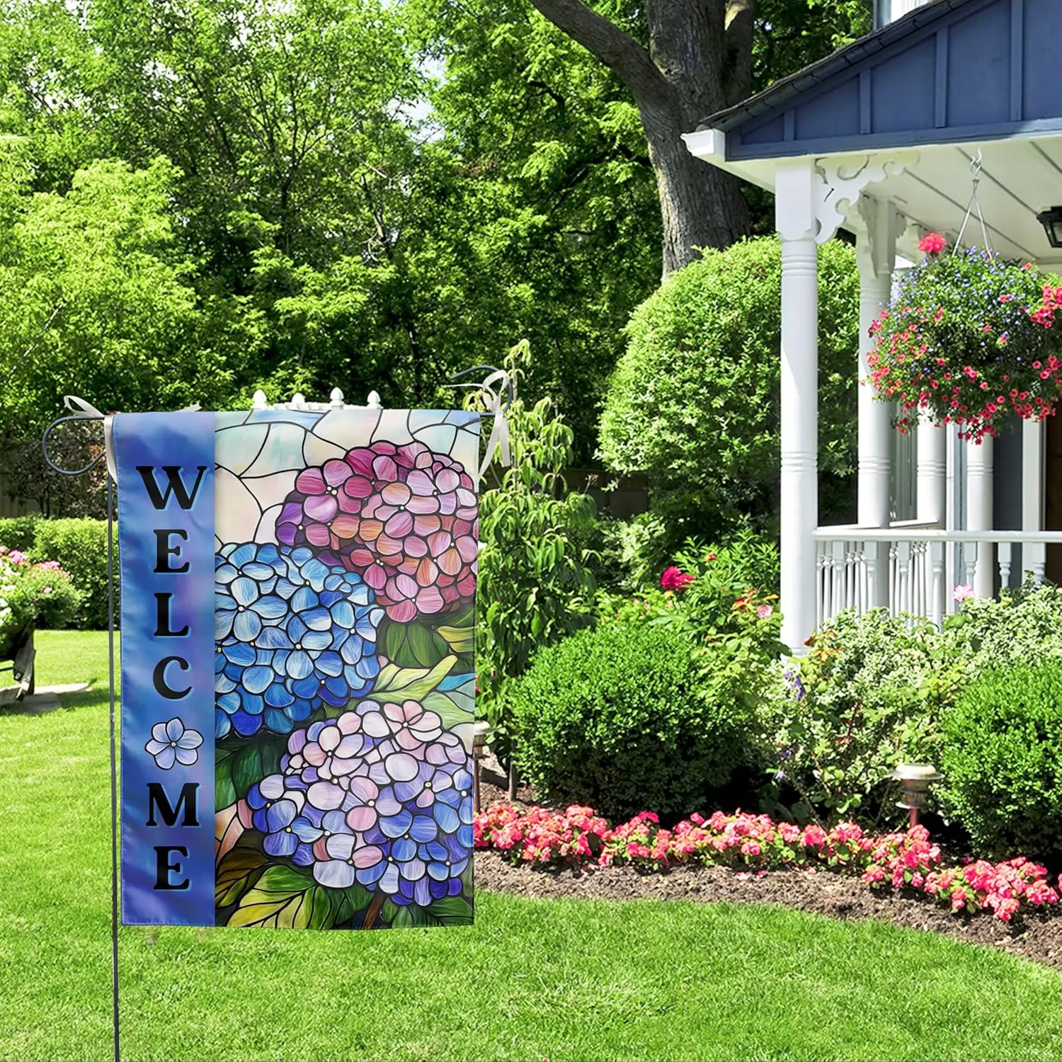 Hydrangea Spring Summer Garden Flag for Outside Stained Glass Flower Yard Decor 12x18 Double Sided Blue Floral Welcome Outdo PPM