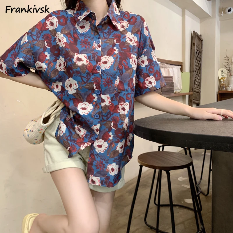 

Shirts Women Summer Fashion Flower Red Cozy All-match Korean Style Girls Turn-down Collar Printed Students Soft Single Breasted