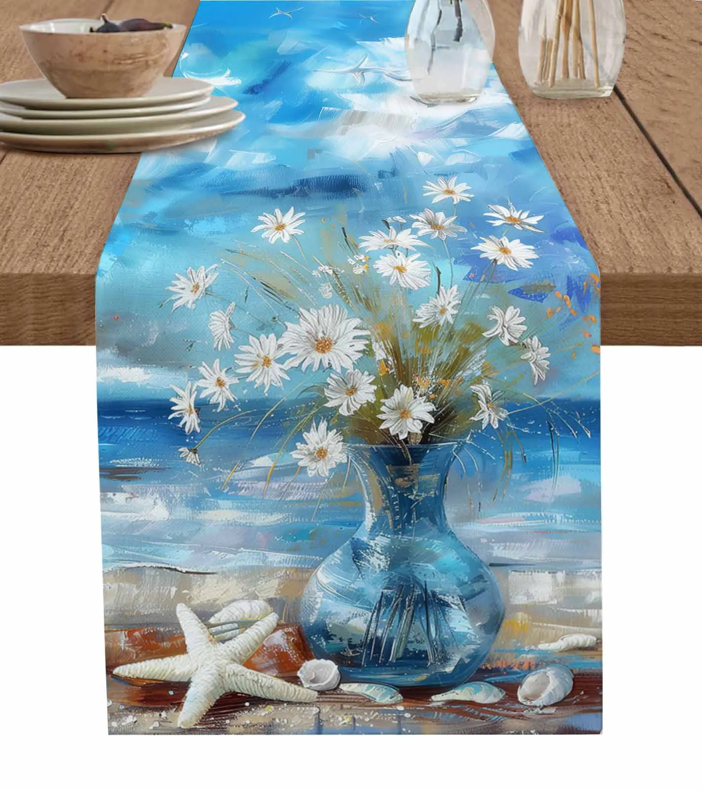 Vintage Oil Painting Daisy Table Runner Wedding Dining Table Decoration Table Runner Holiday Dining Tablecloth