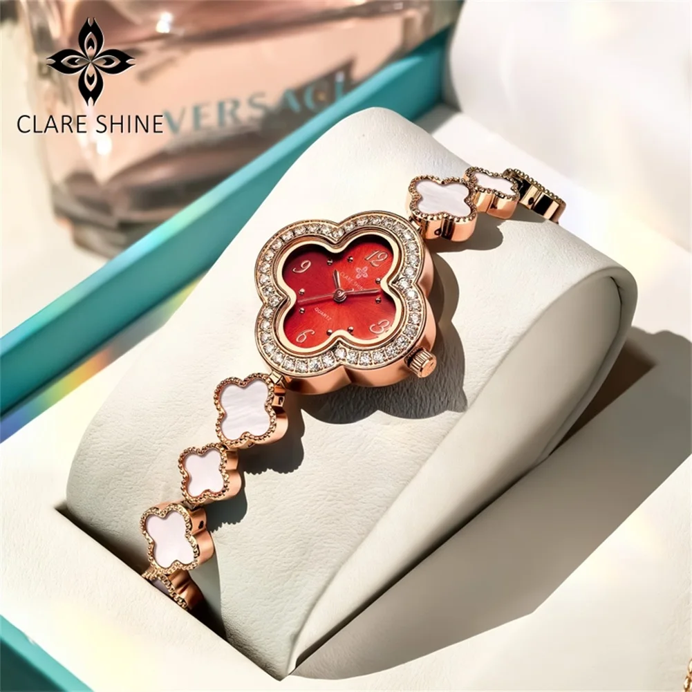 CLARE SHINE Luxury Women Quartz Wristwatch Lucky Clover Rhinestone Elegant Dress Ladies Watch Casual Dress Gifts Watch 7702