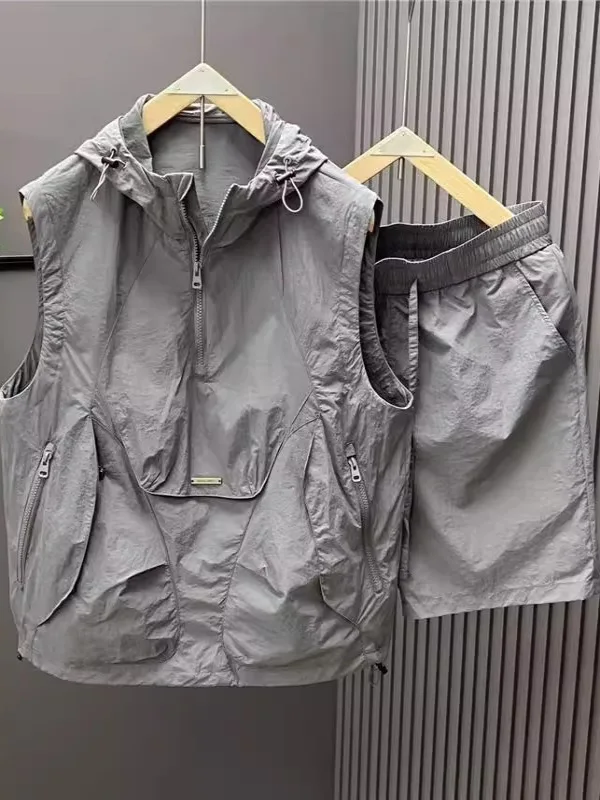 

High Quali Large Size 300 Pou American Sle Svel Hooded Vest orts Two Piece Set ex Summer Wide Sports Suit