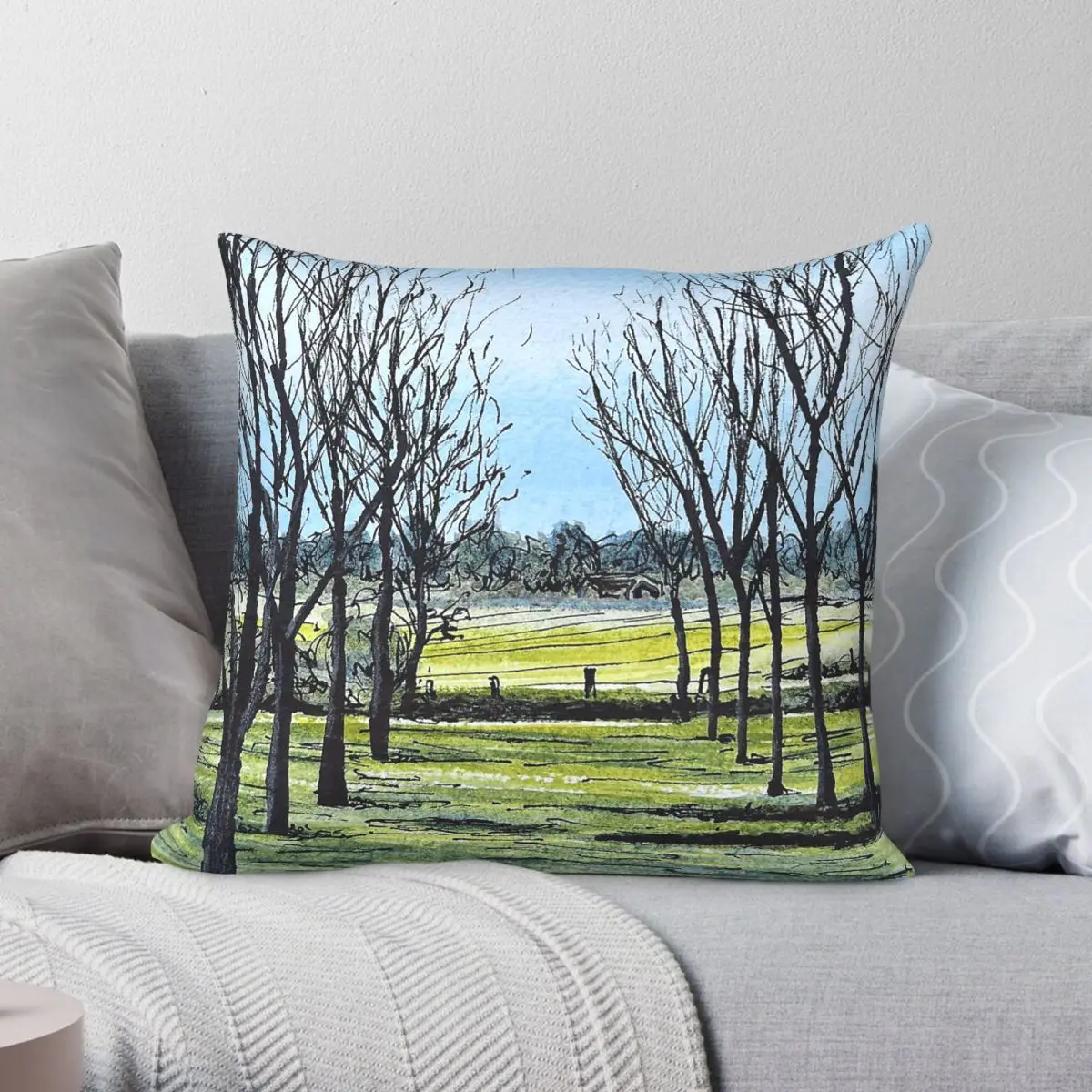Suffolk Trees Watercolour Ink Square Pillowcase Polyester Linen Velvet Creative Zip Decor Home Cushion Cover 45x45