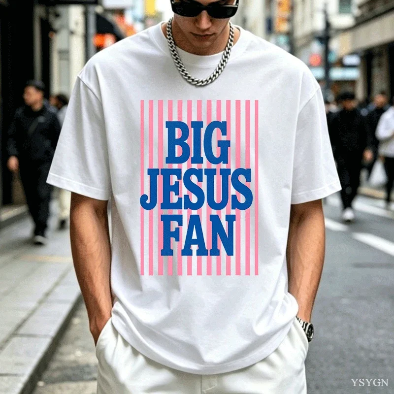 Big Jesus Fan T Shirt Mens Religious Short Sleeve Printed T-shirt Striped Preppy Christian T-Shirt Faith Pullover Round Neck Top