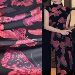 Retro Black Bottom Red Blue Big Butterfly Chiffon Fabric, Cheongsam Dress Han Cloth Handmade Sewing Tissue Not Transparent T2172