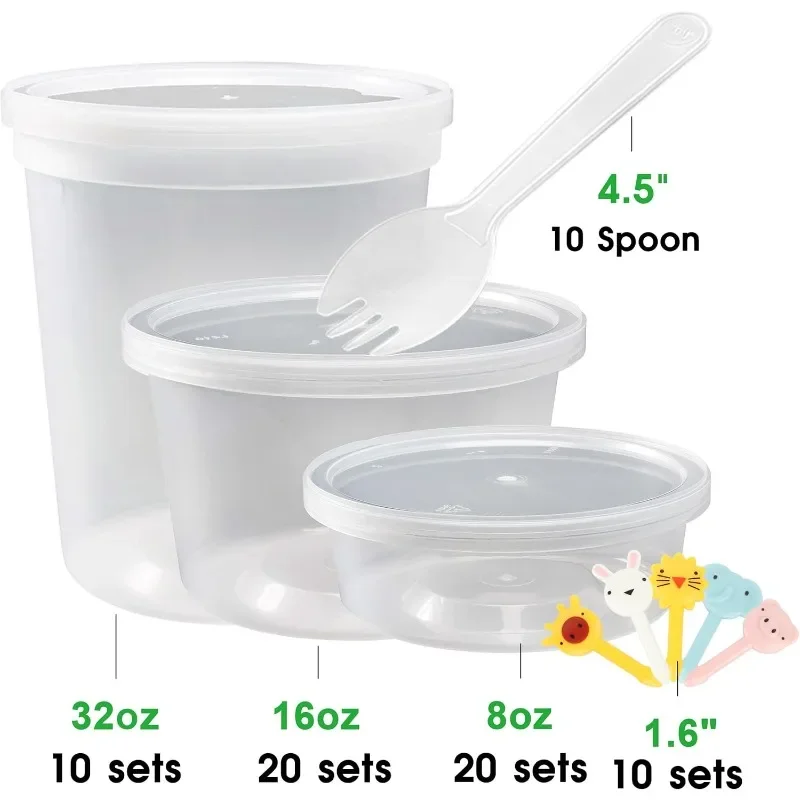 [60 Pack,3 Sizes] Food Storage Containers with Lids, 50 Combo Pack 8oz, 16oz, 32oz Airtight Deli Food Container w 10 Spoons