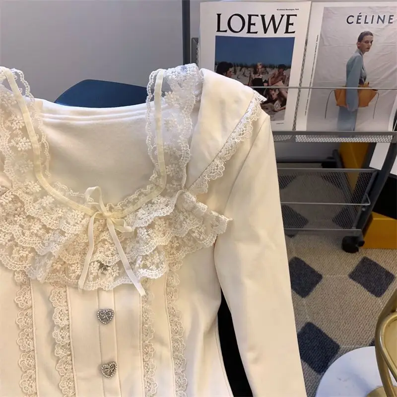 Camiseta de manga larga con cuello cuadrado y lazo de encaje para mujer, ropa de cuerpo ajustada coreana de terciopelo grueso para otoño e invierno