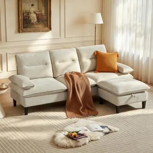 86'' Chenille Sofa with Large Storage Ottoman, Modern Living Room Sofa with Removable Washable Cushion, 3 Seater Comfy