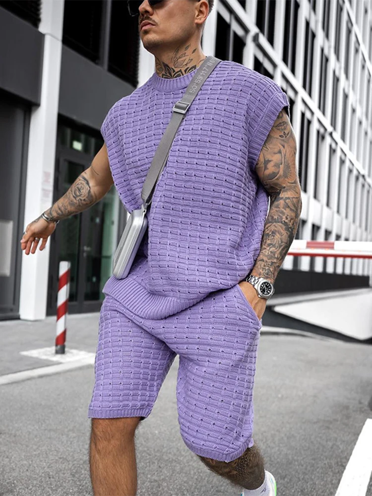 Streetwear 2022 Summer Men Fashion Outfits Knitted Solid Color Loose Two Piece Sets Mens Casual O Neck Pullover And Shorts Suits