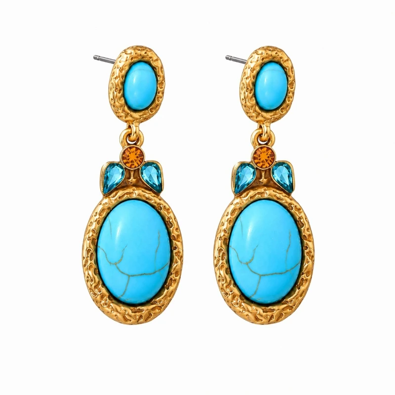 Vintage Turquoise Rhinestone Bow Geometric Stud Earrings for Women Retro Elegant Statement Jewelry Gift