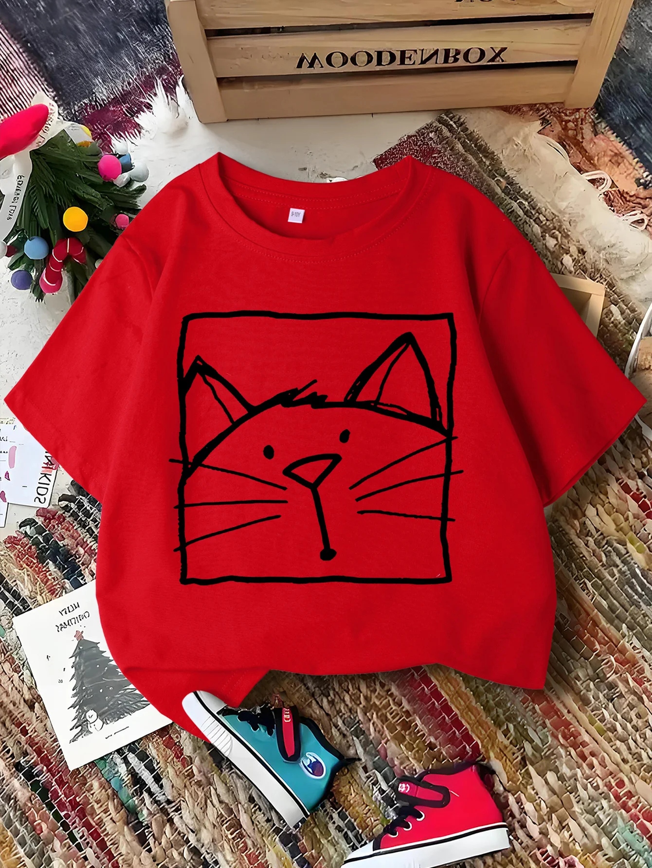 Simple Line Square Cat Print Kids Tee Boys Girls Family Matching Short Sleeve Soft Breathable Daily Parent Child Comfort Tops