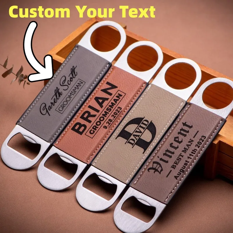 

DIY Durable Beer Bottle Opener Stainless Steel Leather Personalized Flat Speed Bottle Cap Opener Remover Bar Blade Kitchen Tool