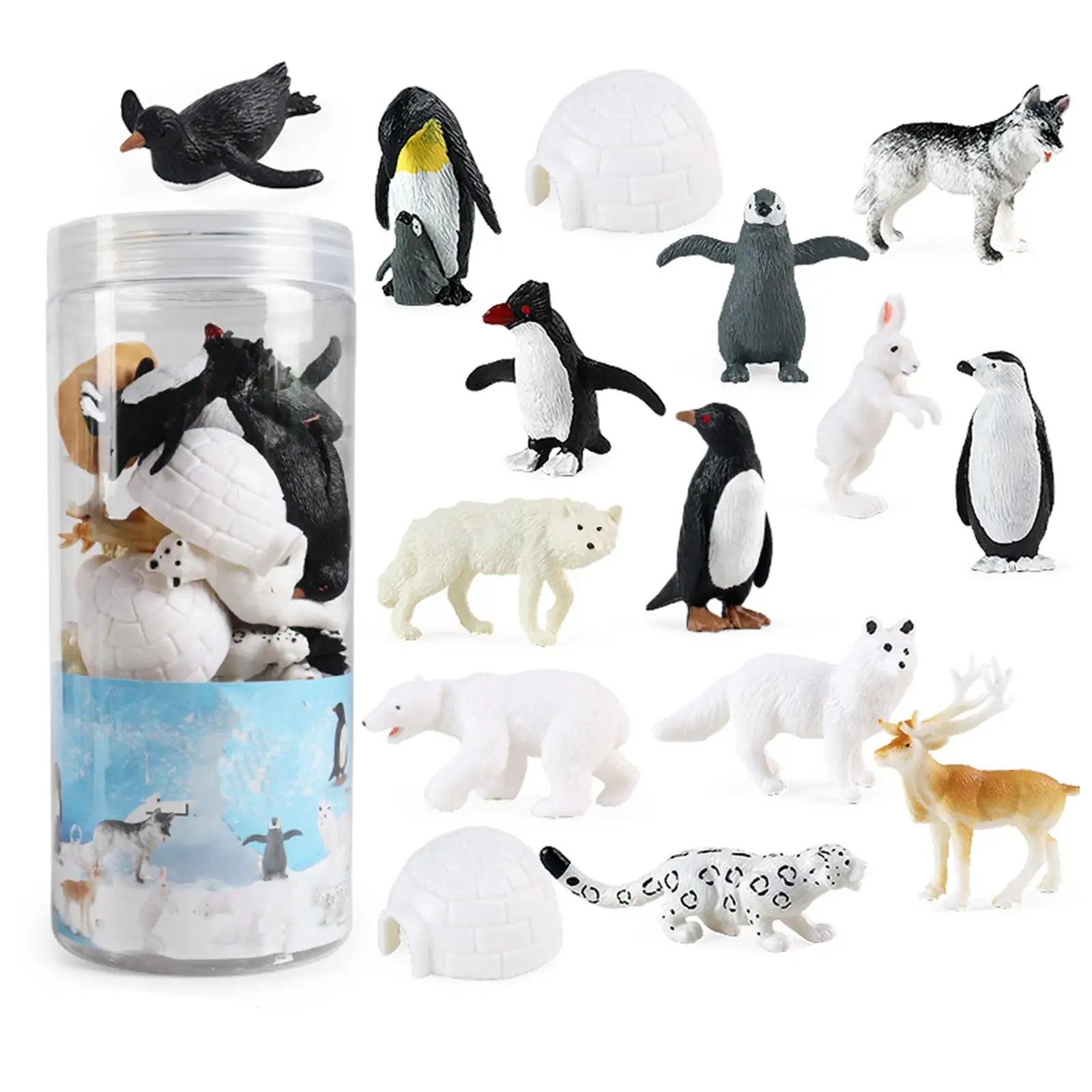 16Pcs Realistic Arctic Animals Includes Arctic Reindeer, Penguins, Polar Bear, Arctic , Igloo Figure Toy for Birthday Gift