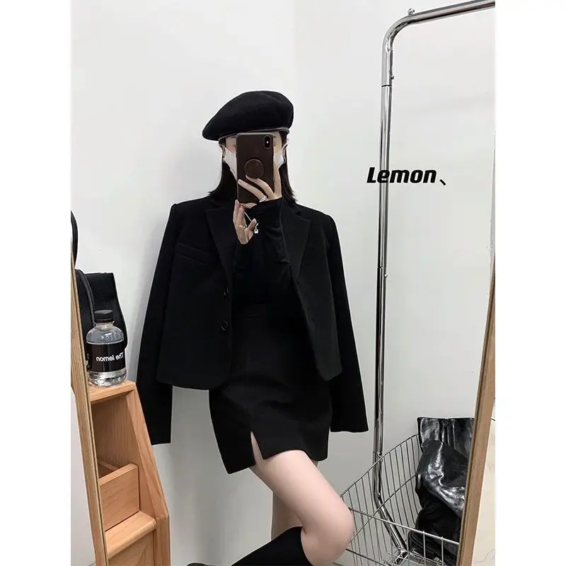 Woolen Suit Women Short Woolen Coat and Skirt 2021 Autumn Winter New Retro Korean Fashion Solid Temperament Two-piece Sets Trend