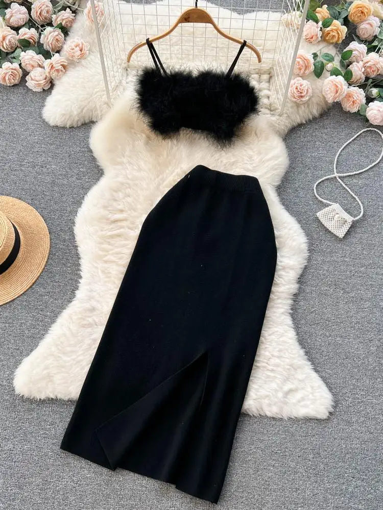 Tops cortos de felpa sin mangas para mujer, conjuntos de falda dividida de cintura alta elástica negra, conjuntos de dos piezas grises, rosa y Sexy, primavera y verano