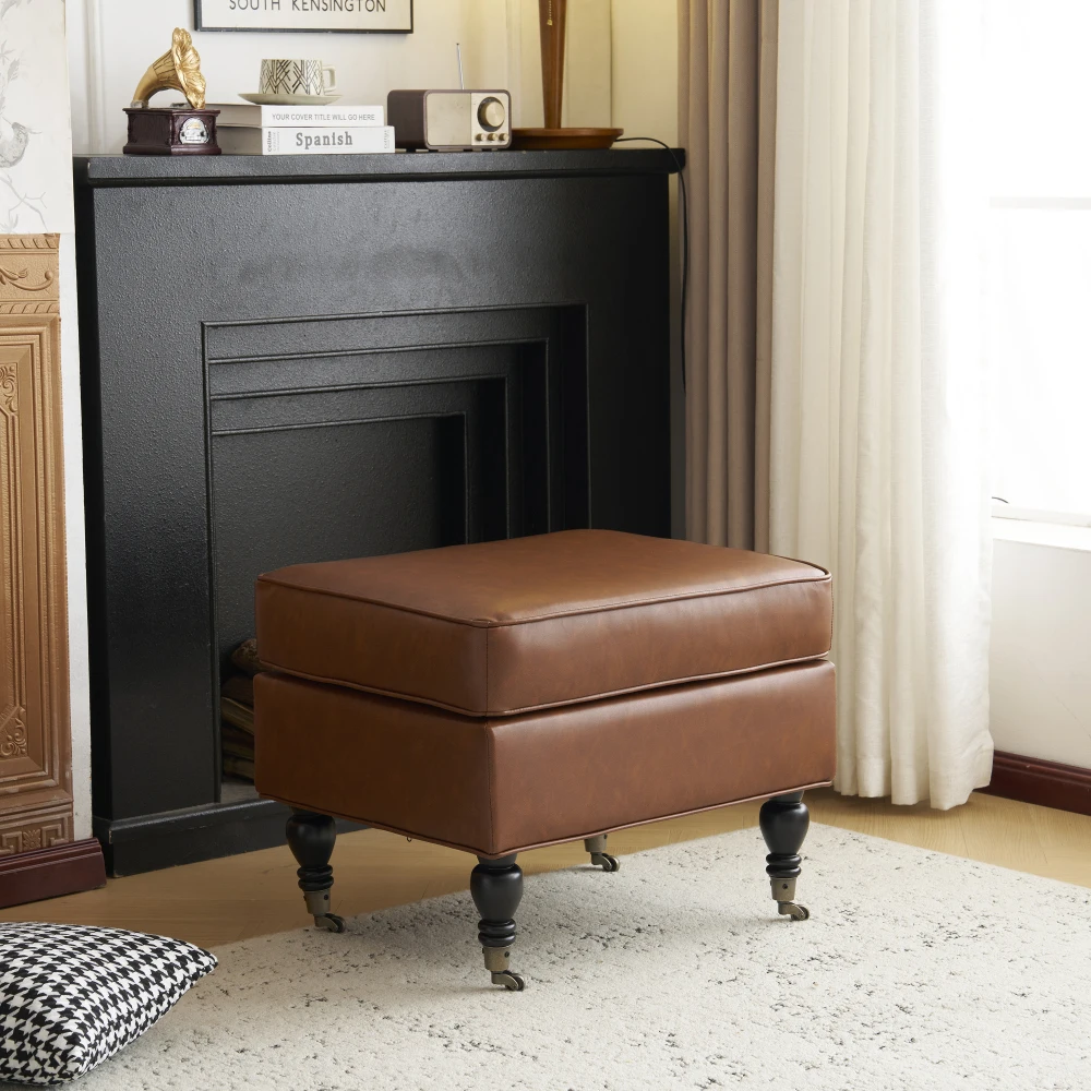 

PU Leather Ottoman with Solid Wood Legs and Casters, Brown