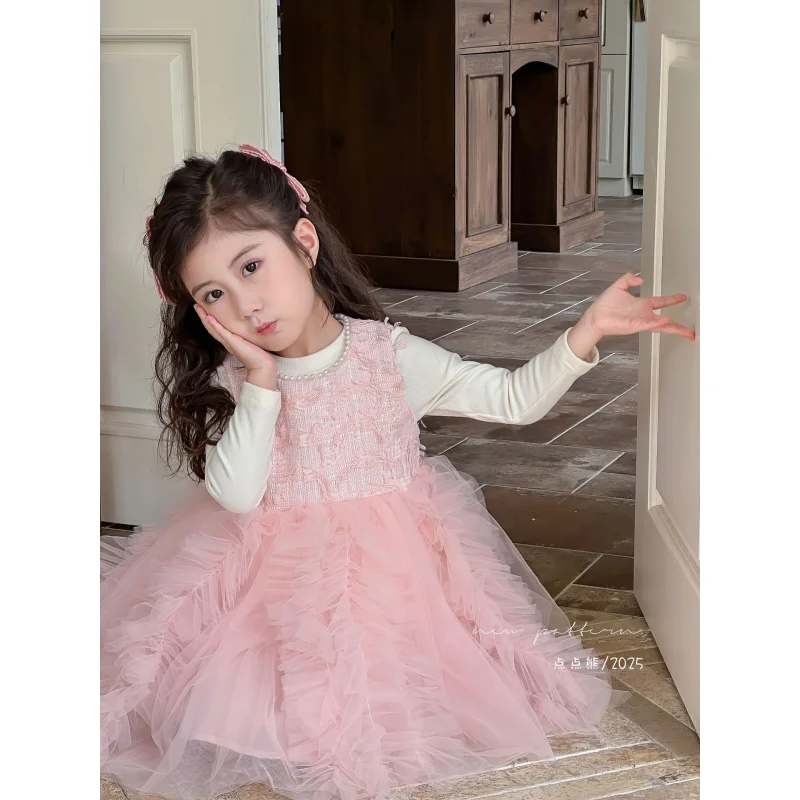

Girls Spring Autumn Winter New French Style Pink MeshtutuTwo-piece Vest Dress Set