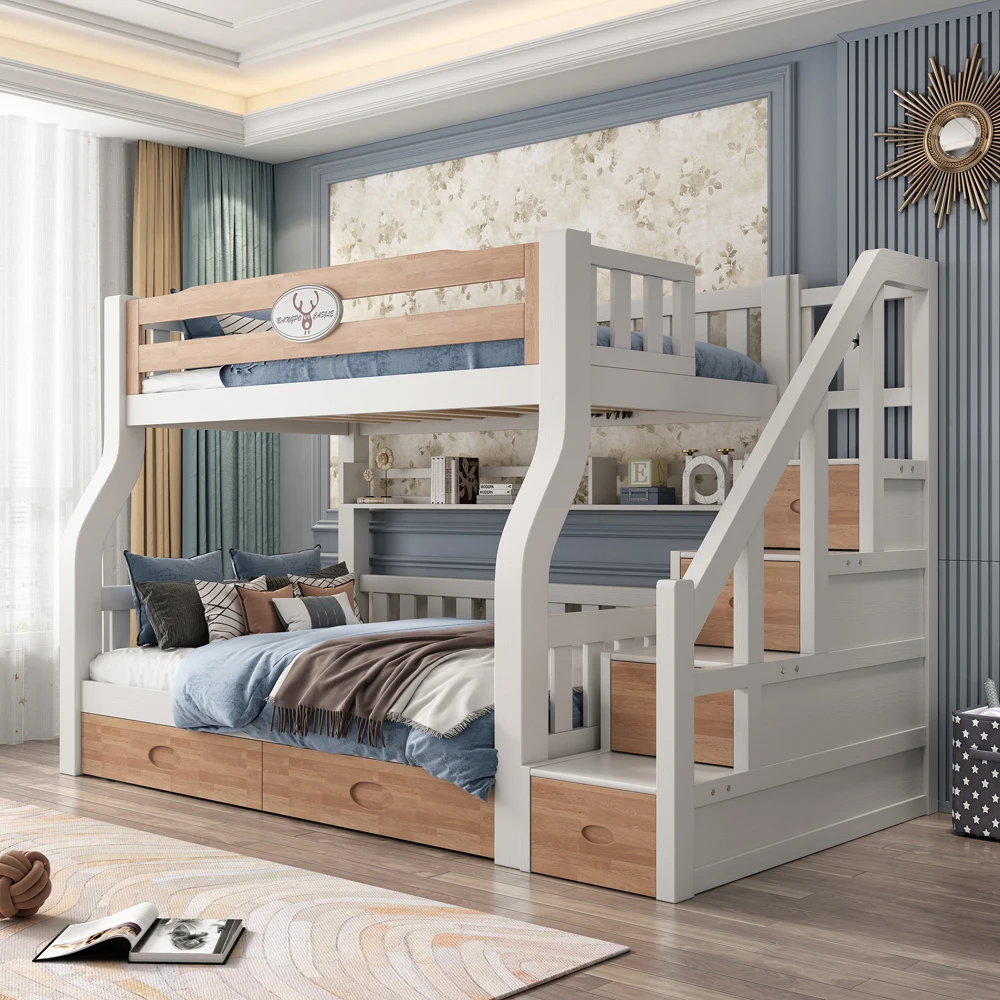 Meubles de chambre à coucher bon marché pour enfants, lit de dessin animé en bois massif, lit superposé pour enfants, rangement d'escalier, table d'étude avec glissière