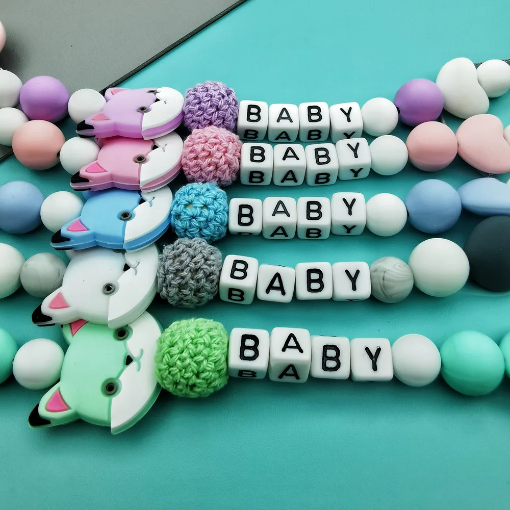 Custom English Russian Letters Name Baby Silicone Cat Pacifier Clips Chains Teether Pendants Baby Pacifier Kawaii Teether Gifts