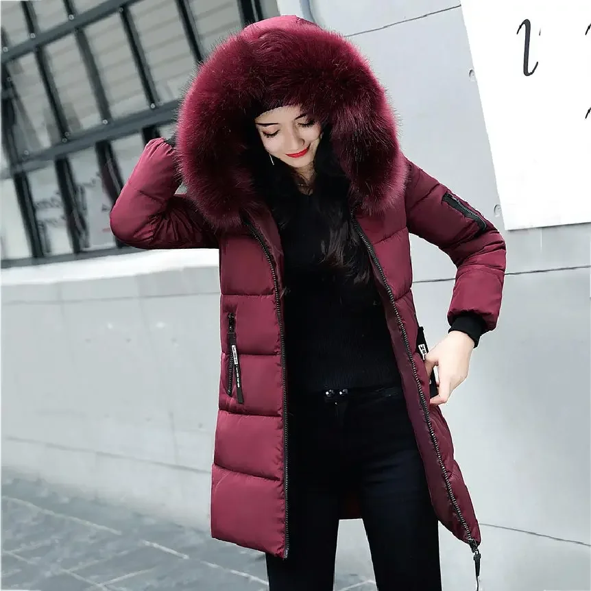 2023 Women's Down Parkas Winter Jacket Big Fur Collar Thick Slim Coat Fashion Hooded Cotton Outerwear Long Winter Woman Coat