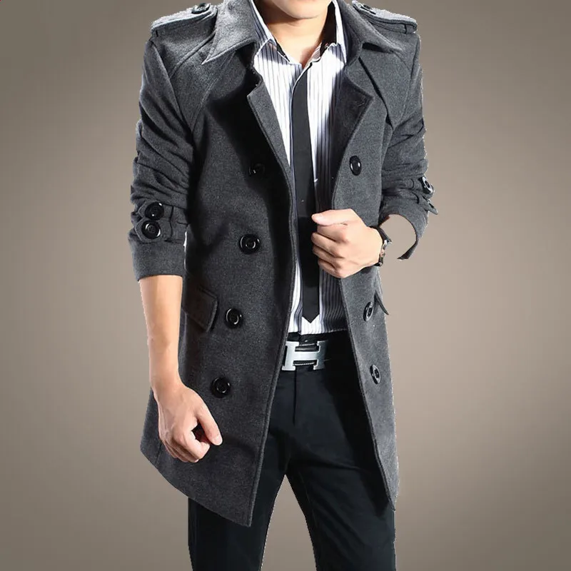 Autumn and winter men\'s long trench coat slim wool coat male green thickening