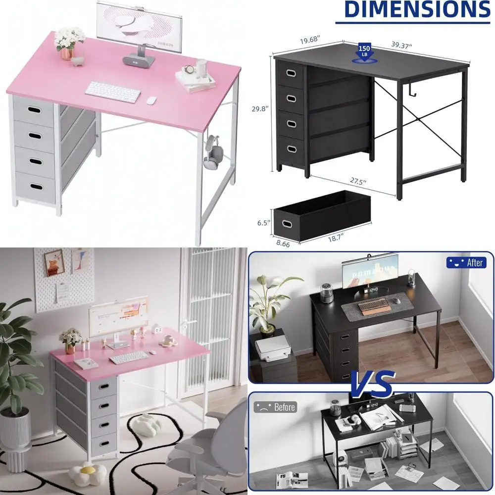 40 Inch Modern Computer Desk with 4 Drawers - Small Home Office Desk for Bedroom Study Writing in Pink
