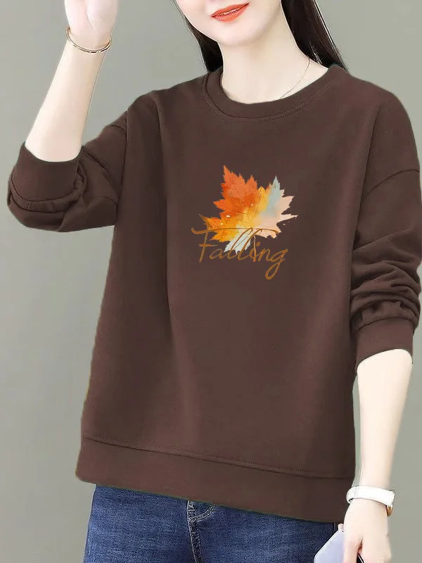 Loose Fit Pure Cotton round Neck Sweatshirt Women's Fashion Autumn Winter Inner Wear Base Layer Print Design Comfortable Top