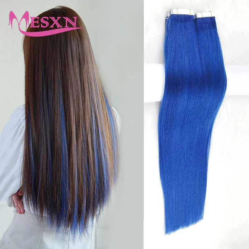 MESXN-Extensions de Cheveux Humains à Ruban Adhésif Double Face, Trame de Peau Invisible, Sans Couture, Naturel, Violet, Bleu, Rose, Document