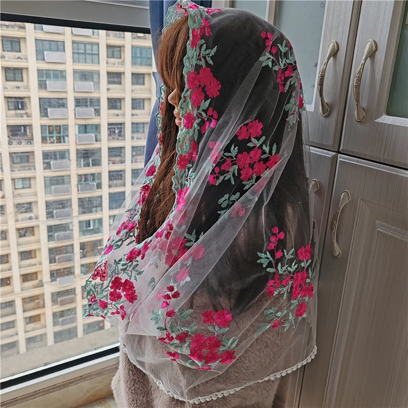

Rose Red Infinity Floral Women Mantilla Veils Catholic Mass Church Head Covering Vintage Chapel Embroidered Tulle Mint Flowers