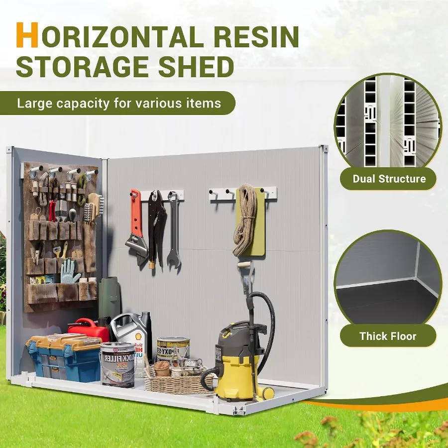 Outdoor horizontal resin storage shed for patio use, waterproof plastic construction with floor, lockable door, gray color, 41
