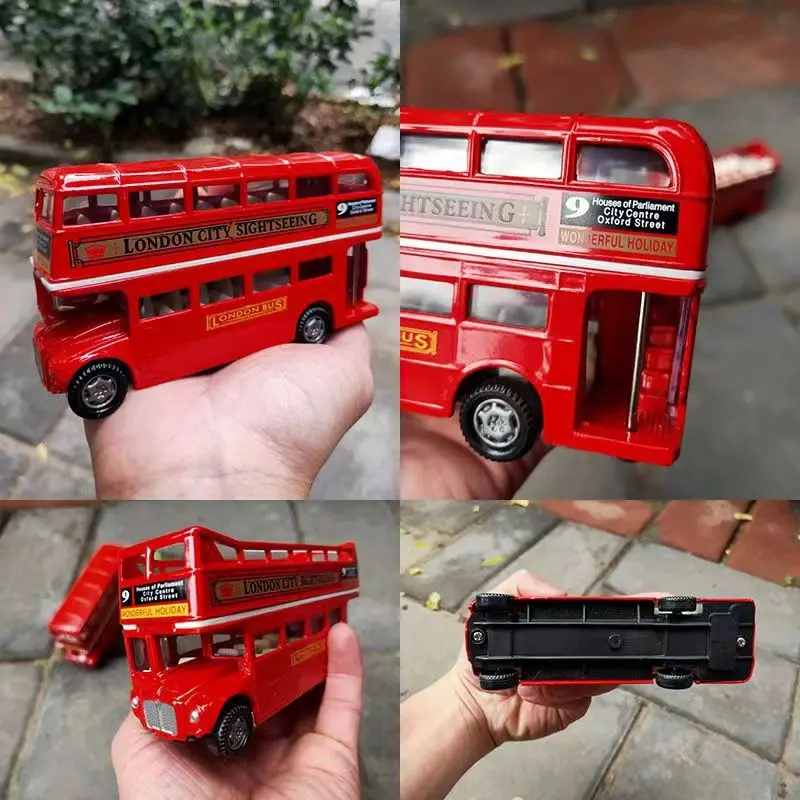 1:64 Vintage British Europe Double Decker Bus Diecast Alloy Car Model Metal Pull Back Simulation Car Toy Decor Antique Kids Toy