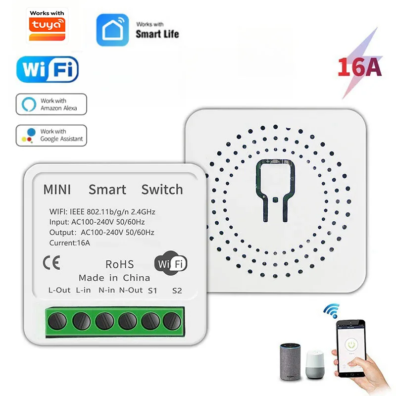Smart WiFi Switch Support 2-Way DIY Switches Mini Smart Breaker Works With Smart Life Control Works With Alexa Google Alice