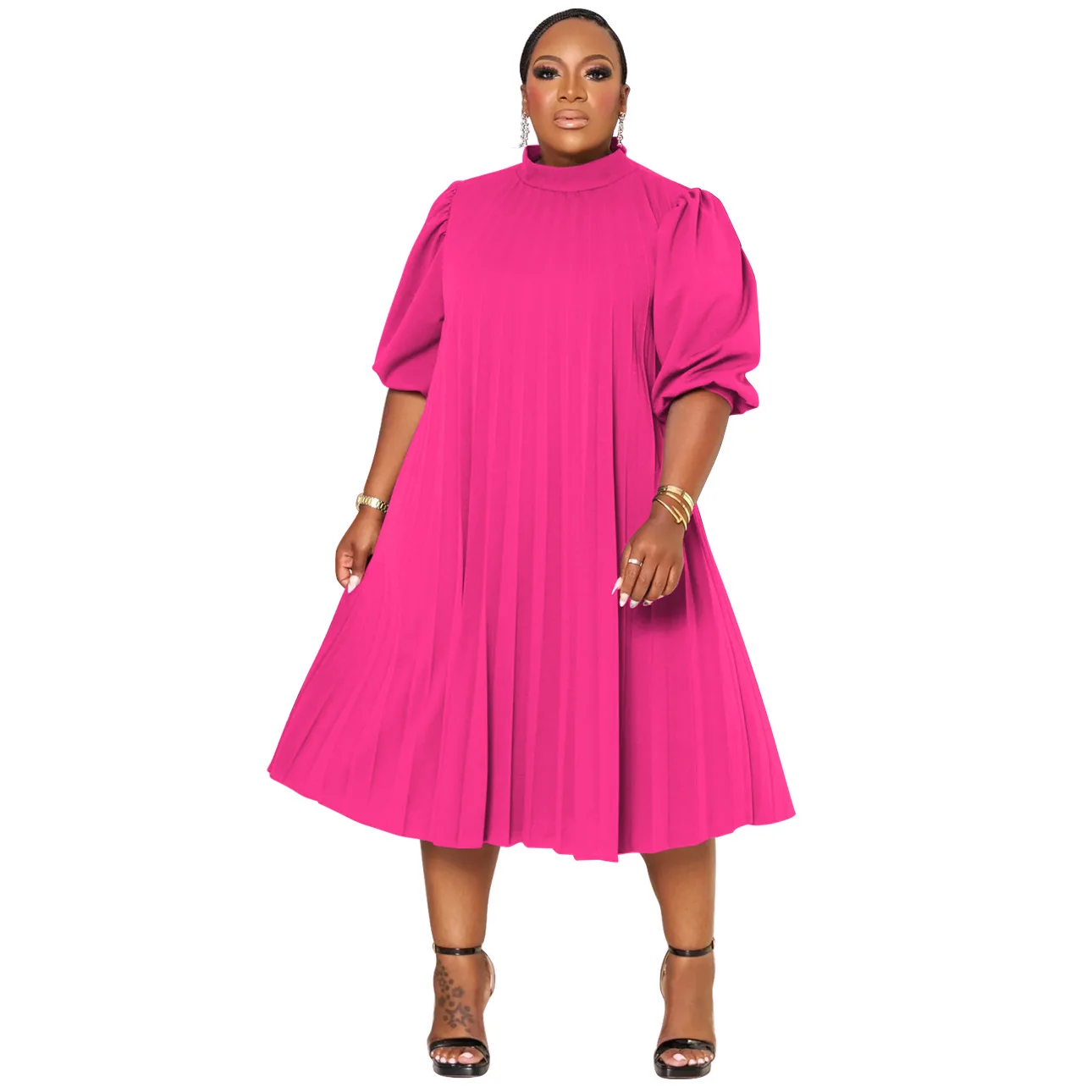 Autumn Winter Plus Size Woman Pleats Dress Fashion Half Sleeves Round Collar High Waist Casual Dressses 4XL 5XL