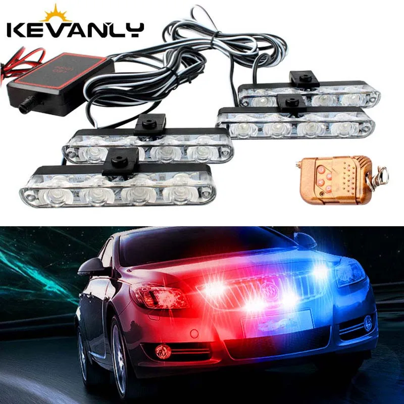 4 In 1 Red Blue Emergency Strobe Lights Police Lights 12V With Wireless Remote Control Flash Grille Light for Cars Truck Van SUV