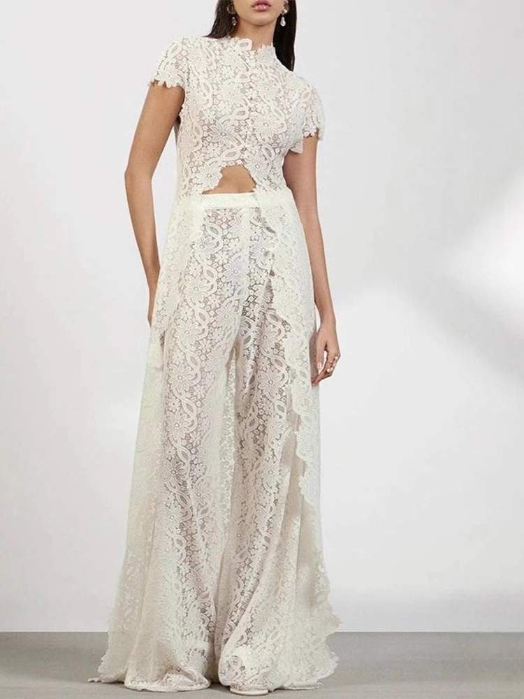 Women's Lace Solid Color Dress with Hollowed Out Round Neck, Fashionable Card Shoulder Slit Top, Slim Fit Vacation Two-piece Set