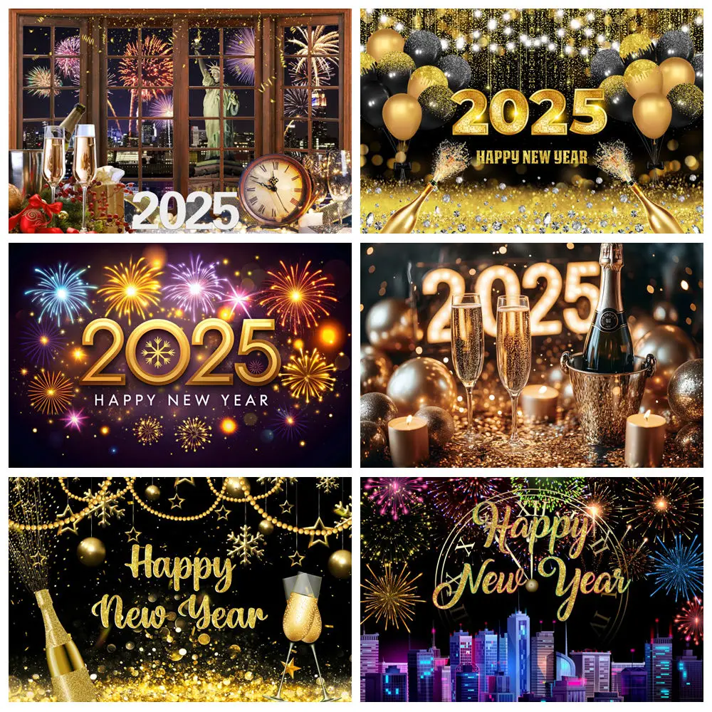 

2025 Happy New Year Backdrop For Photography Fireworks Wine Champagne Clock Firework Balloons Black Gold Party Background Decor